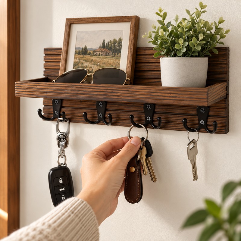 Wall Mounted Wooden Key Holder for Entryway Organization – Rustic