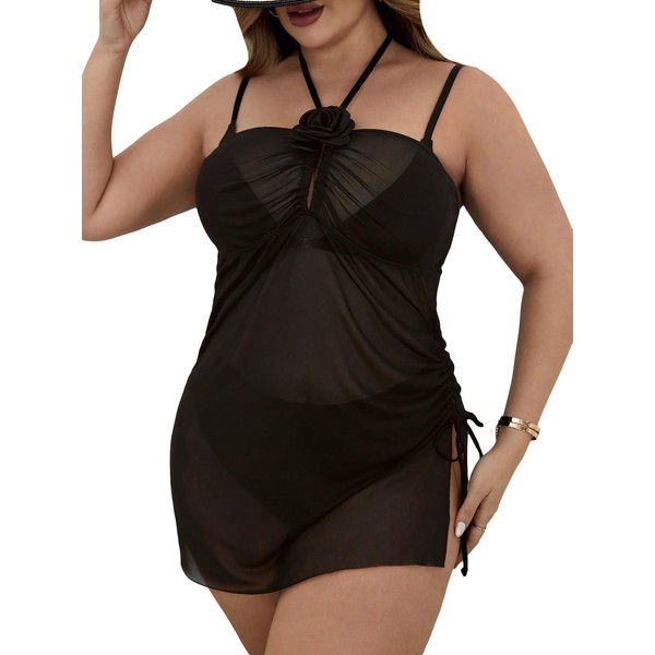 WDIRARA Women's Plus Size 3D Flower Sheer Mesh Coverup Drawstring