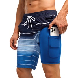 SILKWORLD Mens Swim Trunks with Compression Liner Quick Dry Split-Leg Swimsuit Swimwear Men's Shorts Bathing Suit,Navy Blue Stripes,Medium