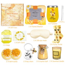 Bee Birthday Gifts for Women - Bee Lover Gift for Happy Bee Day Her Relaxing Spa Box, Inspirational Blanket Tumbler Bath Bomb Sentend Candle Yellow Present for Mom Friends Sister Best Friend Wife