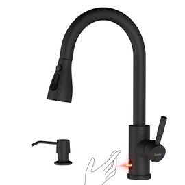 DAYONE Touchless Kitchen Sink Faucet with Pull Down Sprayer and Soap Dispenser, Black 3 Modes Motion Sensor Hands-Free Single Handle Touch Faucet for Kitchen Sink High Arc