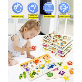 Wooden Peg Puzzles for Toddlers,Montessori Toddler Puzzles for Child,Fine Motor Skill Learning Puzzles Toys for Baby Boys Girls Gifts-6 Pcs Shape,Farm,Sea Animal,Dinosaurs,Fruits,Animals