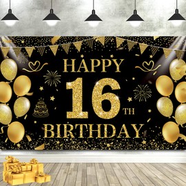 SMENGGIL Black Gold Happy 16th Birthday Backdrop Banner 16th Photography Background Birthday Party Decorations Supplies for Boys Girls 16th Birthday Decor Sixteen Years Anniversary Decor 72.8*43.3in