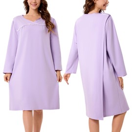 voeeron Hospital Gowns for Women Tear Away Snap Open Back Long Sleeve Patient Gown Soft Adaptive Clothes With Pockets (Light Purple,S)