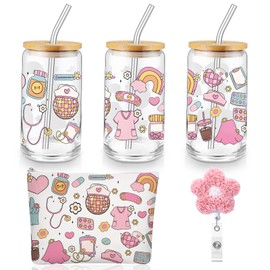 Dunzoom 3 Pcs Nurse CNA Week Appreciation Gifts Set Included Nurse Disco Retro Theme 16 oz Glass Cups with Lid Makeup Bag Badge Reel Gift for Registered Nursing Assistant Nursing Student Graduation