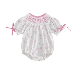 Baby Girl First Birthday Outfit Clothes Bow Print Birthday Girl Smocked Short Sleeve Romper Bodysuit Jumpsuit Top (Pink, 12-18 Months)
