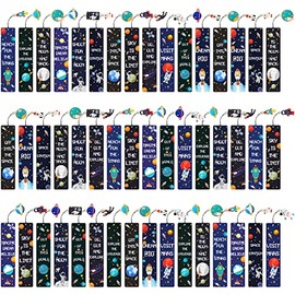 Space Theme Bookmarks with Metal Charms Planet Rocket Space Ship Theme Colorful Bookmarks Inspirational Quotes Bookmarks Cards for Space Party Favors Kids Boys Girls Adults Encouragement (48 Pieces)
