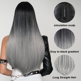 TRUMOST Long Straight Grey Wig with Bangs for Women 28 Inch Ombre Silver Gray Wig with Black Roots Natural Looking Heat Resistant Synthetic Wigs for Daily Wear Party Cosplay