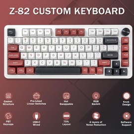 E-YOOSO 75% Wired Mechanical Gaming Keyboard, Creamy Sound, Hot Swappable Pre-lubed Linear Switches, Gasket Structure, Knob Control, RGB Backlit, Compact Custom for PC, White/Red