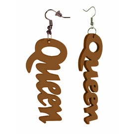 Women's Afrocentric African Text Wood Dangle Pierced Earrings, Queen/Brown