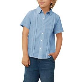 Hestenve Camisa de vestir de lino de algodón con botones para niños y niñas, Azul-cielo, 3 Años/4 Años