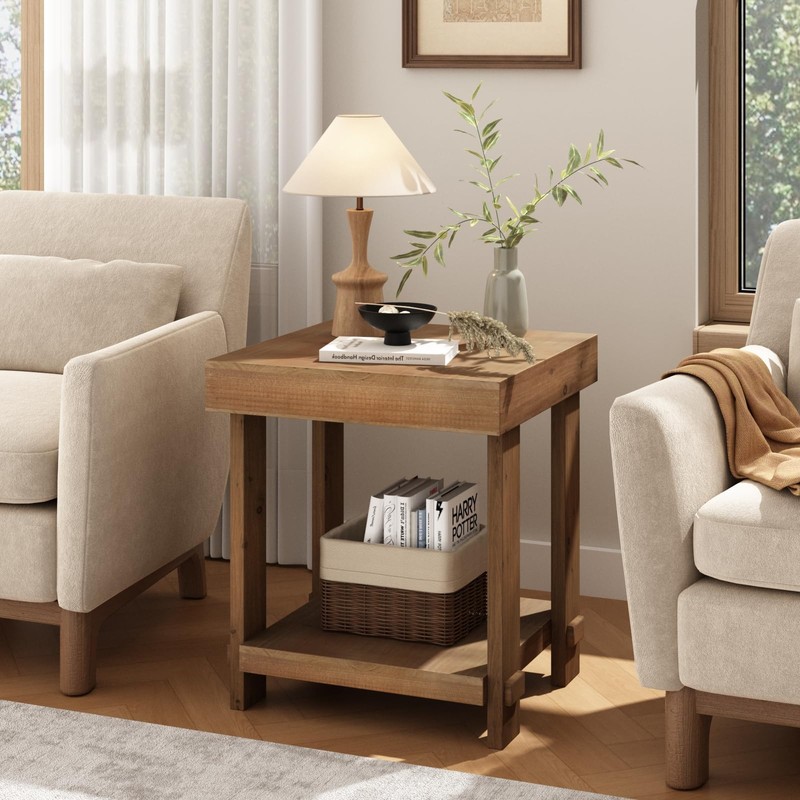 WINWY Solid Wood End Table for Living Room Set of