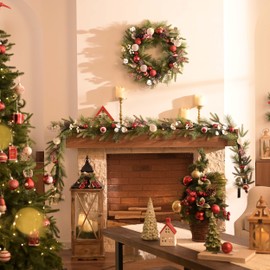 Valery Madelyn 9 Ft Pre-Lit Christmas Garland with Lights for Mantle, Lighted Outdoor Xmas Garland with Red White Balls Norfolk Pine for Home Stairs Fireplace Table Centerpiece Indoor Holiday Decor