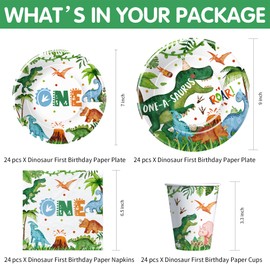 Suhelkit Dinosaur First Birthday Party Supplies - Dino Dinosaur 1st Birthday Decorations, Plate, Cup, Napkin, Tablecloth, Cutlery, Dinosaur Party Decorations For Boy's One-Year-Old Birthday | Serve 24