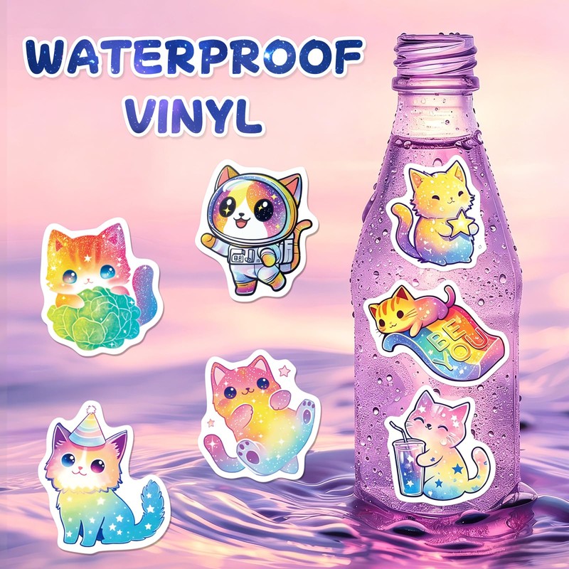 SigyoJeom 200PCS Starry Sky Cat Stickers, Holographic Stickers for Kids