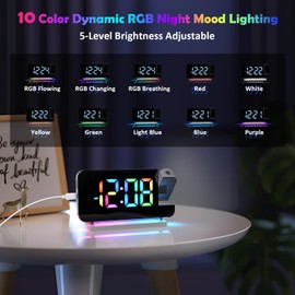 Euakee Wecker Digital, Wecker mit Projektion, 7.4" LED-Spiegeluhr, 10-Farben Nachtlicht, 180° Drehbarem Projektor, USB-C Ladegerät, Projektionswecker für Kinder Schlafzimmer Mädchen Jungen