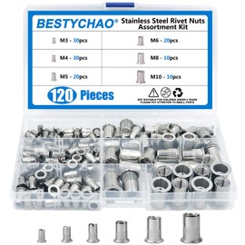 BESTYCHAO 120pcs Rivet Nut 304 Stainless Steel Flat Head Threaded Insert Nutsert, Rivnut Assortment Kit M3 M4 M5 M6 M8 M10