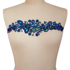 Fashion! Pure Handmade Bright Crystal Patches Sew-on Blue Rhinestones Applique with Stones Sequins Beads DIY for Wedding Dress Decor Accessory 3.9x14.2″ Belt Waist Decoration