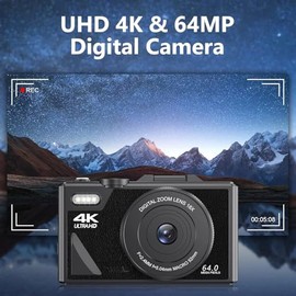 Diyeeni Cámara Digital con Pantalla LCD Abatible, Cámara UHD 4K 64MP, Cámara Digital de Apuntar y Disparar con Zoom 18X, Cámara Vlogging para Fotograf