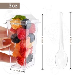 TOFLEN 50 Pack 3 oz Mini Dessert Cups with Lids and Spoons, Square Tall Plastic Dessert Shooters Party Serving Tumbler Cups for Parfait Appetizers & Dessert Shot Glasses