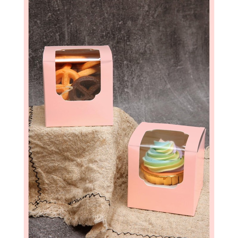 Gcardist Pink Cupcake Boxes Individual Cupcake Container 15Pcs 8.9x8.9x8.9cm Auto-Pop