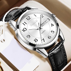 Taxau Black Leather Watches for Man Large Dial White Face Watch Arabic Numerals Men Waterproof Watches Easy to Read Mens Quartz Analog Watch Luxury Men with Date Watches Relojes para Hombres