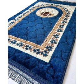 Prayer Rug Muslim Mat Islamic - Very Thick Prayer Rug Sajadah for Men Women with Islam Prayer Beads for Eid Travel Ramadan, Soft and Luxury (R_Blue)