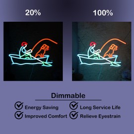 Fishing Neon Sign Fishing On Boat Neon Light Man And Dog Fishing Light Sign Dimmable Fisherman LED Neon Light for Fishing Club Decor Living Room Man Cave Game Room 16.9"×9.8"
