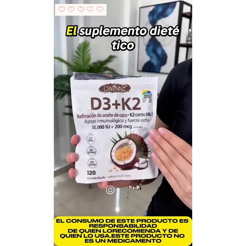 Gwynne Vitamina D3 10.000ui K2 Mk-7 200mcg,120 cápsulas,2 En 1