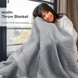 Yoofoss Muslin Blanket 100% Cotton Throw Summer Blanket Large 50" x 60" for Bed Couch 6-Layer Gauze Blanket for Adults Lightweight and Breathable Grey