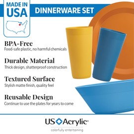 US Acrylic Newport Plastic Plate, Bowl and Tumbler Dinnerware Set for 4 in Sunrise Colors | 12-Piece Drinking and Dining Set | Reusable, BPA-free, Made in the USA, Top-rack Dishwasher Safe
