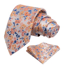 Alizeal Mens Floral Patterned Tie with Pocket Square Stylish Unique for Business Wedding Party Necktie Set, Orange+Royal Blue