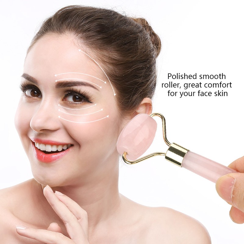 Natural Rose Quartz Welding Gold Metal Roller Massager Jade Beauty