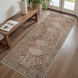 Bavni Washable Runner Rug 2X5, Non Slip Runners for Hallways,Print Vintage Aesthetic Chenille Carpet Runner, Low Pile Ultra-Thin Rugs for Kitchen Bedroom Entryway Bedside, Brick