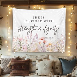 OXW Bible Verses Christian Tapestry Wall Hanging for Bedroom, Scripture Wildflower Nursery Wall Art Decor, She is Clothed With Strength Dignity, Bible Verses Christian Wall Decor, 50×60 inches