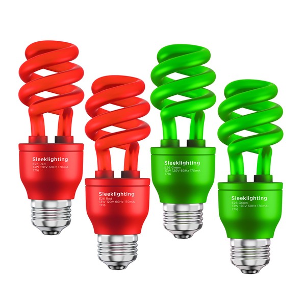 SLEEKLIGHTING 13 Watt Spiral CFL Light Bulb,- UL Approved- 120 Volt, E26 Medium Base. (Pack of 4) (Red and Green)
