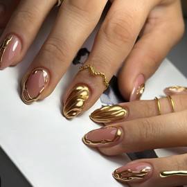 ROFIBUT Chrome Gold Press on Nails Medium Almond Fake Nails with Design Glossy 3D Gold Carved Ripple Line Full Cover False Nails Reusable Irregular Edge Glue on Nails for Women Manicure 24Pcs