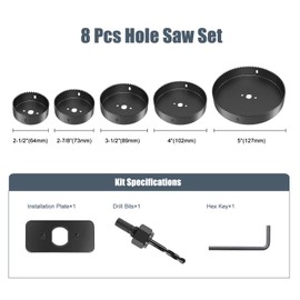 Wexecon 8Pcs Hole Saw Kit for Metal and Wood Hole Saw Drill Bit Set with 2-1/2" to 5"(64-127mm) 5Pcs Saw Blades, Drill Bits, Installation Plate, Hex Key with Storage Case, Ideal for Soft Wood, etc.