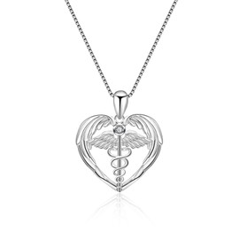 YFN RN Nurse Necklace Sterling Silver Medical Symbol Caduceus Angel Pendant Gifts for Doctor Nurse, Sterling Silver, Cubic Zirconia