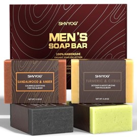 4 Pcs Natural Men`s Soap, SHVYOG Men`s Bar Soap, Handmade Exfoliating Soap, Deep Cleansing, Refreshing, Moisturizing Bar Soap for Body & Face - Sandalwood Amber, Mint, Charcoal, Turmeric