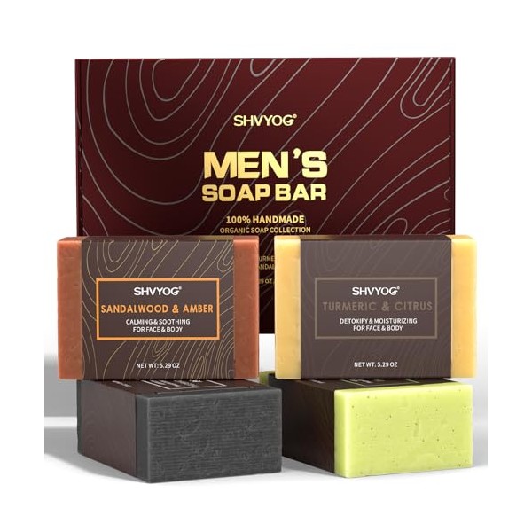 4 Pcs Natural Men`s Soap, SHVYOG Men`s Bar Soap, Handmade Exfoliating Soap, Deep Cleansing, Refreshing, Moisturizing Bar Soap for Body & Face - Sandalwood Amber, Mint, Charcoal, Turmeric