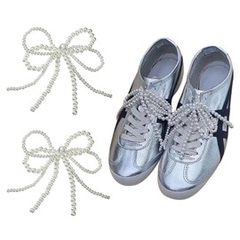 Cosmeria Pearl Bow Shoe Charms, White Decorative Bowknot for Trainers, DIY Accessories for Shoes, Bags, and Keychains, Pack of 2, Faux pearls