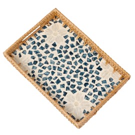 Tynulox Rectangle Rattan Tray with Mother of Pearl Inlay, Rattan Serving Tray with Handle for Coffee, Bread, Fruits, Snacks, Decorative Wicker Tray for Table Decor (Flower, 13"×9")