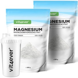 Magnesium Pure - 1200 g Pulver + Shaker - Reines Pulver ohne Zusatzstoffe -Gute Löslichkeit - Premium Qualität - Vegan (2x 600g)