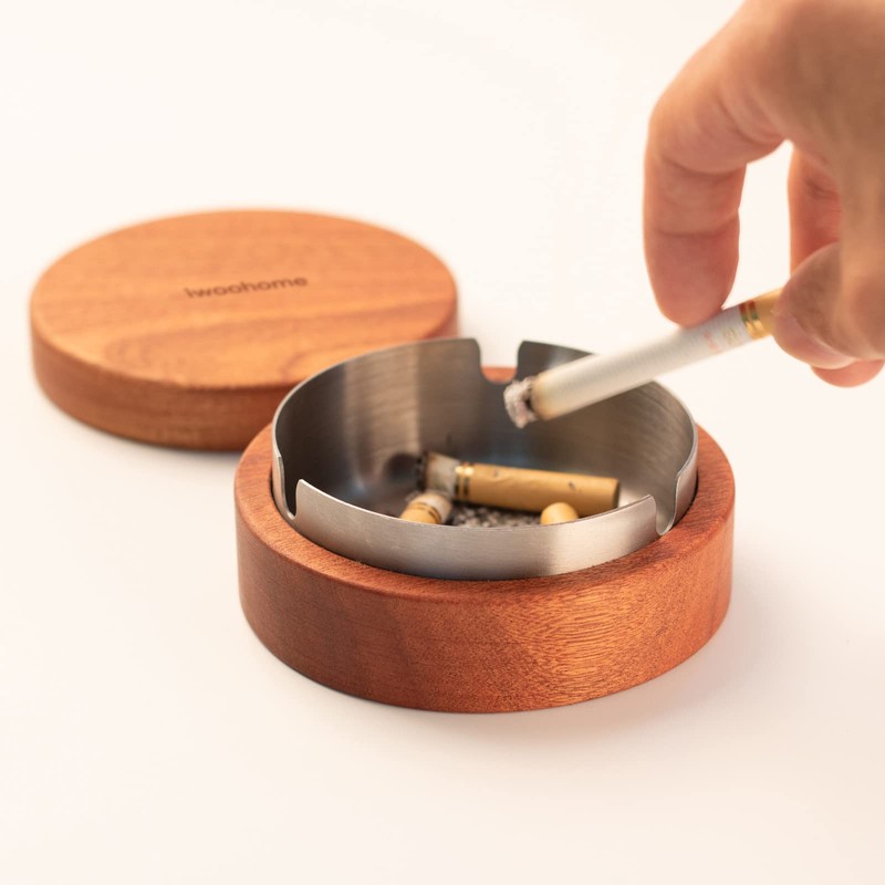 Ashtray with Lid, Stylish, Combined with Wooden and Stainless Steel,