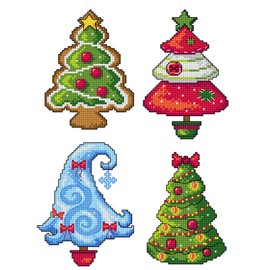 Kit de punto de cruz en lona de plástico con árboles de Navidad. 4 adornos de invierno de diferentes dimensiones 141CS. Excelente para aficionados al arte y manualidades