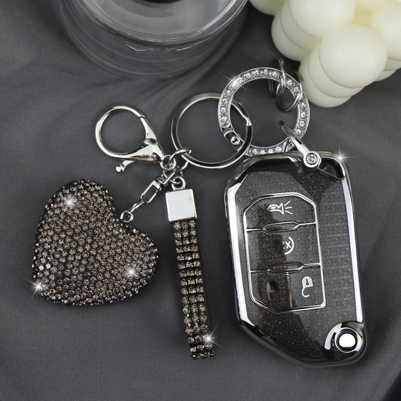 YIKECASE Key Fob Cover with Diamond Keychain Compatible with Jeep
