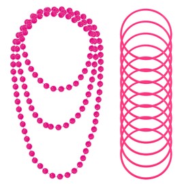 PENTA ANGEL 80s 90s Party Costume Accessory 59" Retro Plastic Neon Beaded Necklace with Silicone Jelly Bracelets for Women (Rose Red)