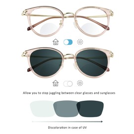 LifeArt Bifocal Reading Glasses, Transition Photochromic Dark Grey Sunglasses, Oval Frame, Computer Reading Glasses, Reduce Glare (Clear Pink, +0.00/+1.75 Magnification)