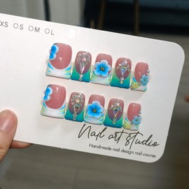 TENPAL Ocean Ombre French Tip Press On Nails With Tools,Ballerina Glossy Duckbill Coffin Nails with 3D Floral Crystals,10Pcs Icy Seafoam Glitter Vacation Acrylic Glue on Nails for Women Girls(L)